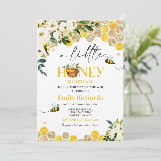Bee Baby Duwer Gender Neutral Little Honey Einladung (Stehend Vorderseite)