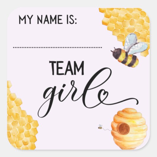 Bee Baby Gender Reveal Name Tag Quadratischer Aufkleber (Vorderseite)