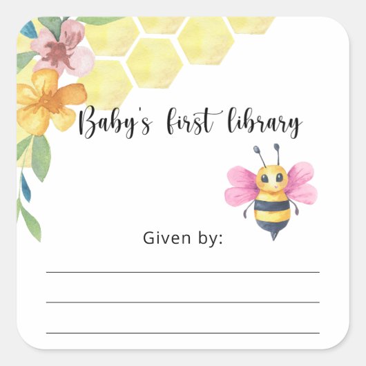 Bee Baby Shower bookplate, books for baby Quadratischer Aufkleber (Vorderseite)