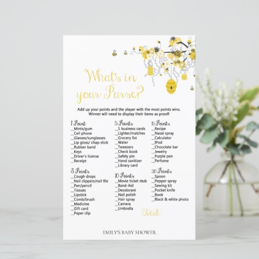 Bee Baby Shower Game - Was ist in Ihrer Handtasche (Stehend Vorderseite)