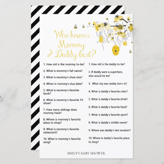 Bee Baby Shower Game - Wer weiß Papa & Mama (Vorne/Hinten)