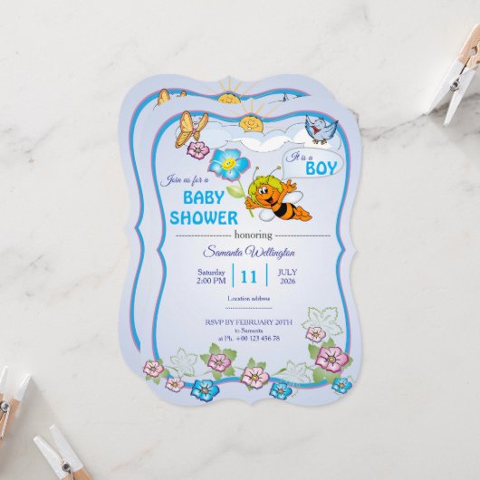 Bee Baby Shower Invitation for boy Einladung (Vorderseite/Rückseite Beispiel)