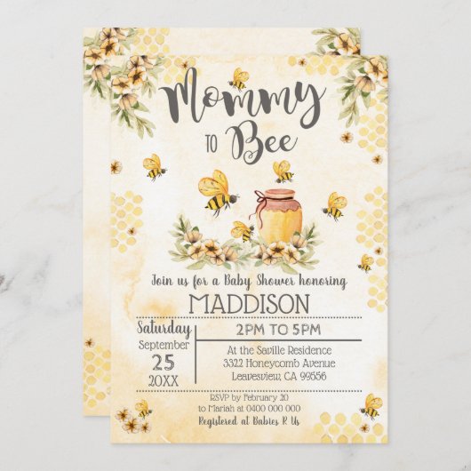 Bee Baby Shower Invitation Mommy to Bee Einladung (Vorne/Hinten)