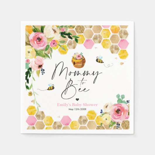 Bee Baby Shower Mommy zu sein rosa Frühling Blüte Serviette (Vorderseite)