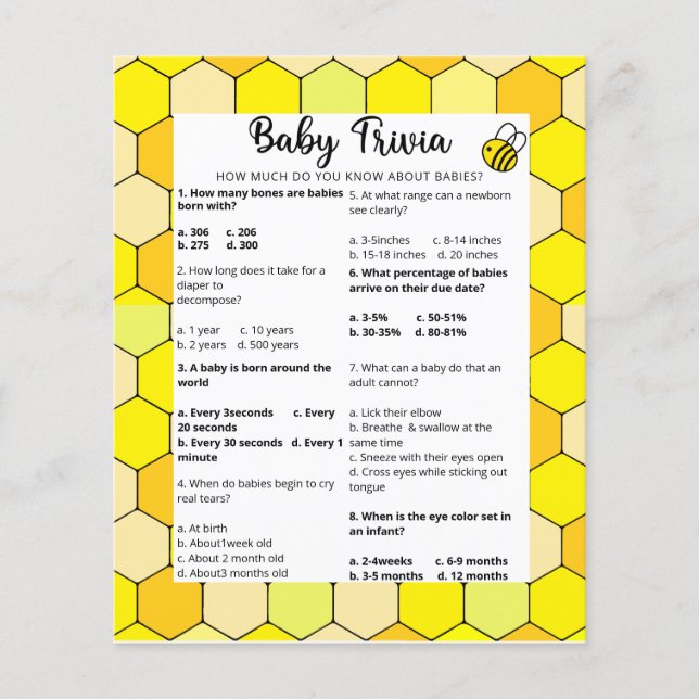 Bee Baby Trivia | Baby Showspiel (Vorderseite)