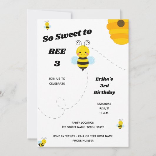Bee Birthday Einladung (Vorderseite)