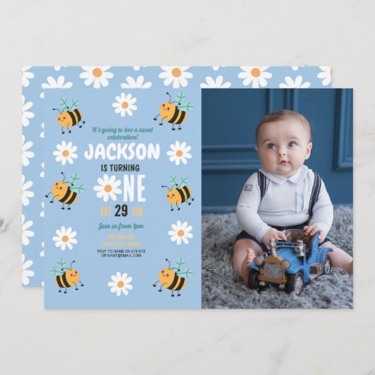 Bee Birthday Foto Party Daisy Blue Boys Einladung (Vorne/Hinten)