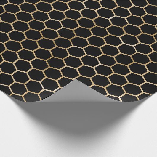 Bee Black Honey Comb Metallic Gold Sepia Hexagon Geschenkpapier (Ecke)
