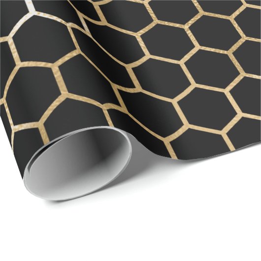 Bee Black Honey Comb Metallic Gold Sepia Hexagon Geschenkpapier (Rolleneckpunkt)