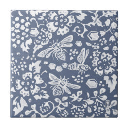 Bee Blue White Botanical Floral Delft Denim Fliese