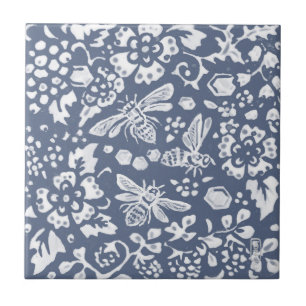 Bee Blue White Botanical Floral Delft Denim Fliese
