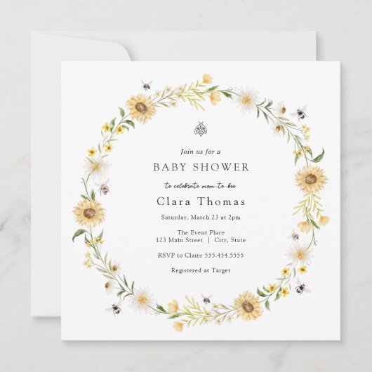 Bee Daisies Sunflowers Bridal Dusche Einladung (Vorderseite)