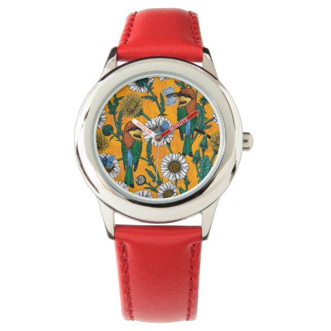 Bee-eaters, blue butterflies and daisies on orange armbanduhr (Vorderseite)
