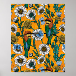 Bee-eaters, blue butterflies and daisies on orange poster