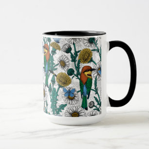 Bee-eaters, blue butterflies and daisies on white tasse