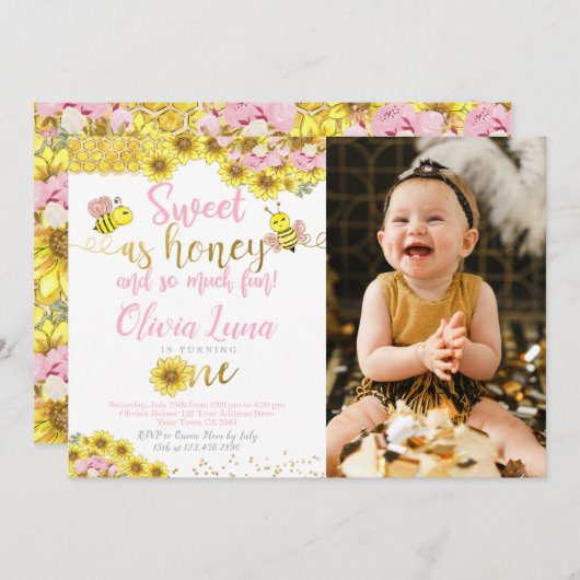 Bee First Birthday Einladung (Vorne/Hinten)