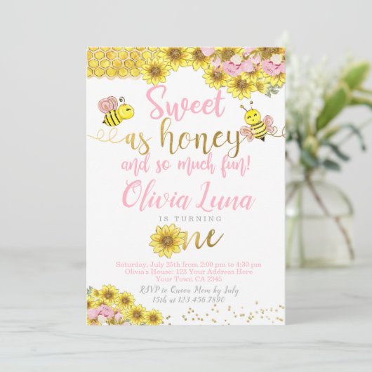 Bee First Birthday Einladung (Stehend Vorderseite)