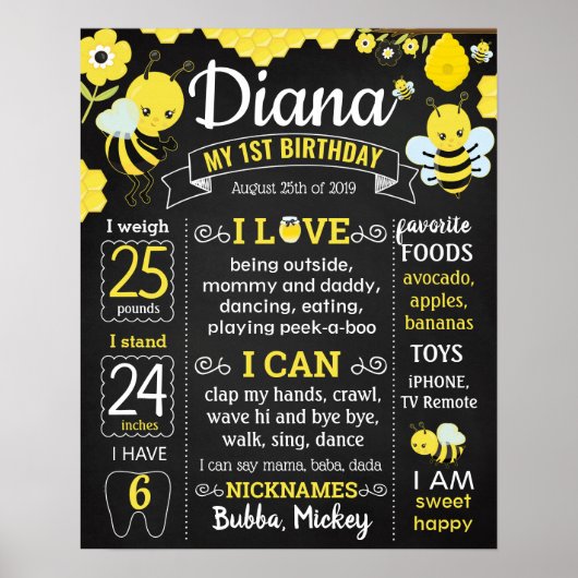 Bee First Birthday Party Chalkboard Junge Mädchen Poster (Vorne)