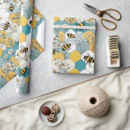 Bee Floral Honeycomb Muster mit Daisies Geschenkpapier