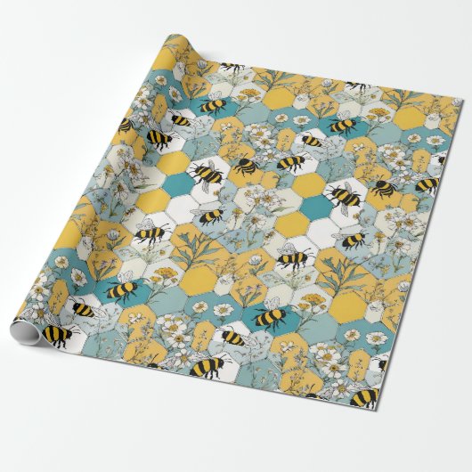 Bee Floral Honeycomb Muster mit Daisies Geschenkpapier (Ungerollt)