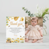 Bee Flower Yellow Birthday Photo Dankeskarte (Stehend Vorderseite)