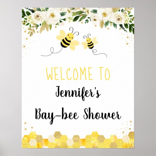Bee Gold Floral Gender Neutral Baby Dusche Willkom Poster (Vorne)