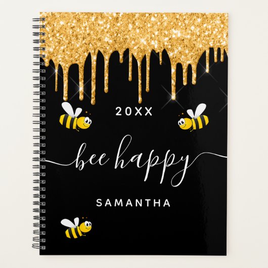 Bee happy black bumble bies Glitzer monogram 2022 Planer (Vorderseite)