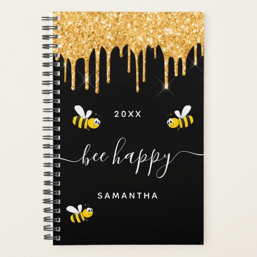 Bee happy black bumble bies Glitzer monogram 2025 Planer (Vorderseite)