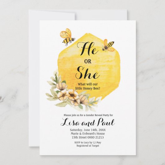 Bee Happy Botanical Gender Reveal Einladung (Vorderseite)