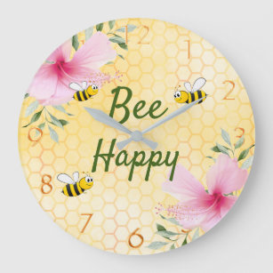 Bee Happy bumble bees yellow honeycomb cute fun Große Wanduhr