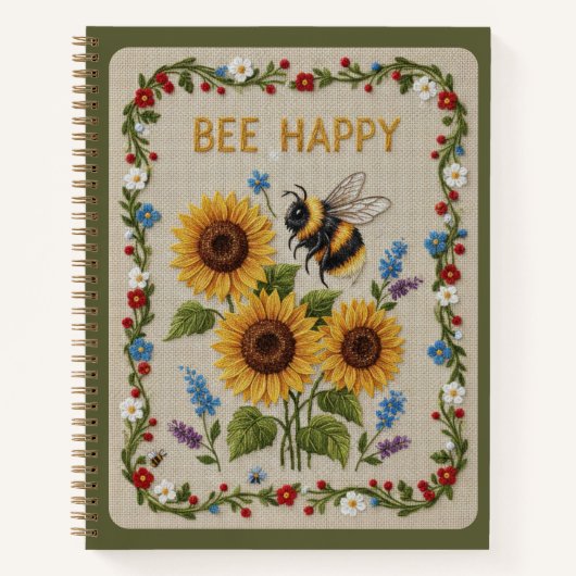 Bee Happy Embroidered Bumblebee &Sunflowers Floral Notizblock (Vorderseite)