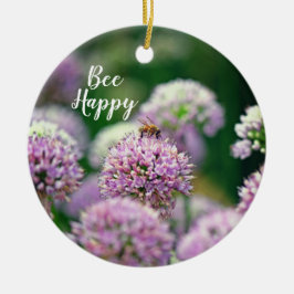 Bee Happy Jubiläum mit Lila Allium-Blume Keramik Ornament