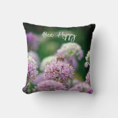 Bee Happy mit Lila Allium Blume Motivierend Kissen (Vorderseite)