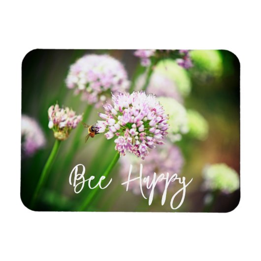 Bee Happy mit Lila Diagonal Allium Blume Magnet (Horizontal)