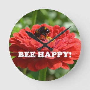 Bee Happy Red Blume Runde Wanduhr