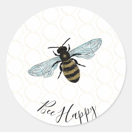 Bee Happy Runder Aufkleber (Vorderseite)