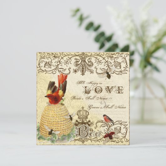 Bee Happy Vintag - Einladung zur Hochzeit (Stehend Vorderseite)