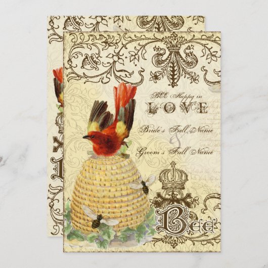 Bee Happy Vintag - Einladung zur Hochzeit (Vorne/Hinten)