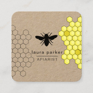 Bee Honey Seller Apiarist Black Yellow Hexagon Squ Quadratische Visitenkarte