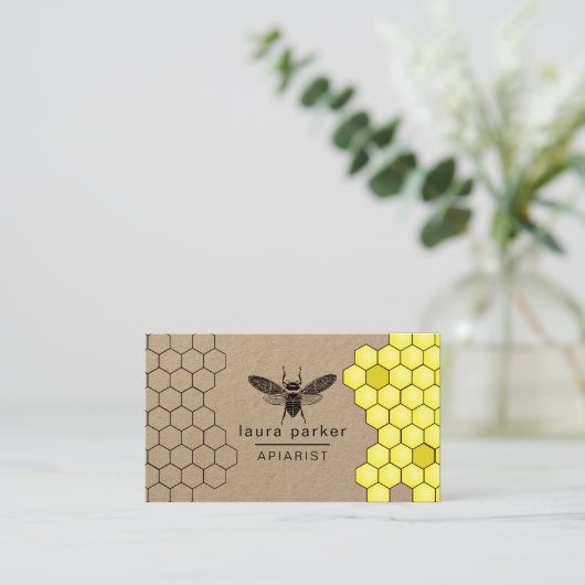 Bee Honey Seller Apiarist Black Yellow Hexagon Visitenkarte (Stehend Vorderseite)