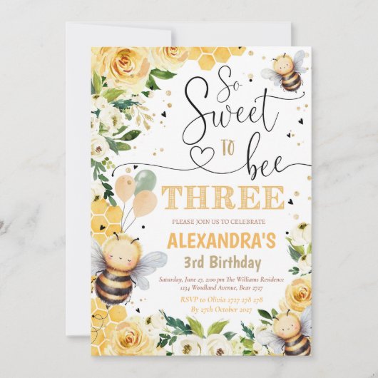 Bee Honey THREE Birthday Einladung Bee Honey Part (Vorderseite)