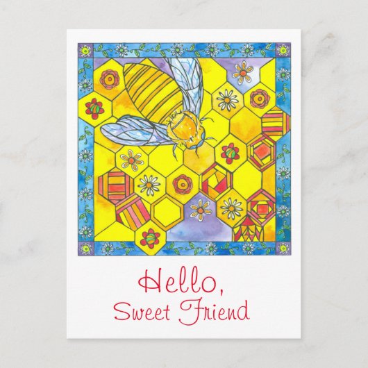 Bee Honeycomb Daisy Blume Hallo Sweet Friend Postkarte (Vorderseite)