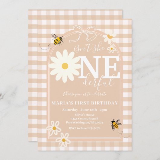 Bee ist nicht sie ONEderful Daisy First Birthday Einladung (Vorne/Hinten)