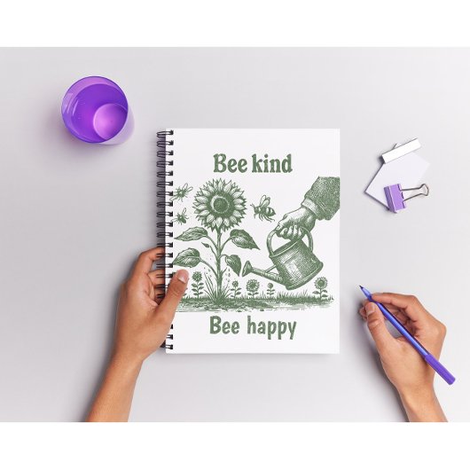 Bee Kind Bee Happy  Sunflowe Woodcut Garden Notizblock