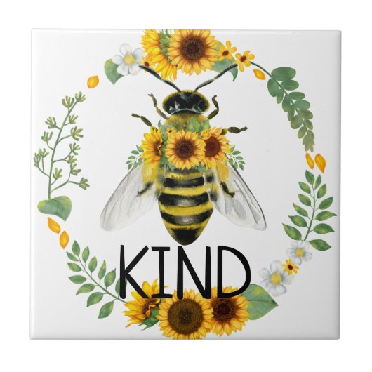 Bee Kind bemalte Sonnenblumen Kindness Keramik Til Fliese (Vorderseite)