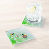 Bee Kind Honey Blumeninsekt Cartoon Glasuntersetzer (Schrägansicht)