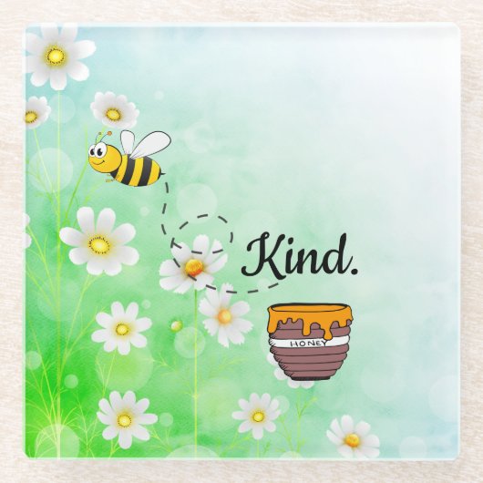 Bee Kind Honey Blumeninsekt Cartoon Glasuntersetzer (Vorderseite)
