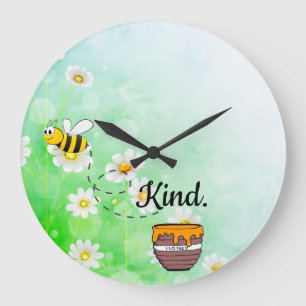 Bee kind honey floral green insect cartoon text große wanduhr