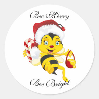 Bee Merry Christmas Cartoon Runder Aufkleber