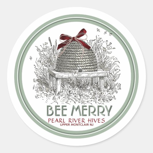 Bee Merry Holiday Sticker Skep mit Red Bow (Vorderseite)
